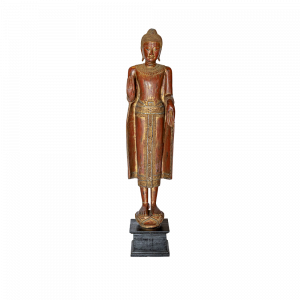 Statua Buddha in legno thailandese intagliata a mano red/gold