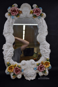 Mirror With Frame In Bassano Ceramic Floral Made In Italy 62x40 Cm