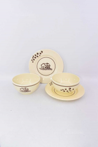Pair Cups Breakfast Mill White With Plate