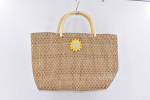 Straw Bag Summer With Sunflower And Handles Wood 33x25x14 Cm