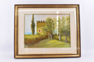 Painting Painted Castle Hidden Give It Trees Size 45x55 Cm