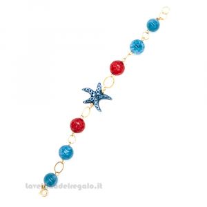 Bracciale in agata azzurra e rossa con stella marina in ceramica di Caltagirone - Gioielli Siciliani