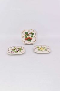 Tris Plates Flowers And Ceramic Fruit Capodimonte Made In Italy 11 Cm Octagonal