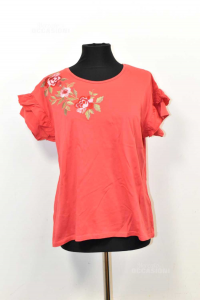 T-shirt Woman Over Size .xl Red With Embroidery Roses