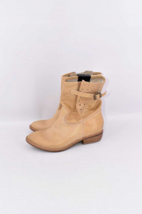Ankle Boots Woman In Real Leather Beige Size 38 Processing Artigiana Made In Italy