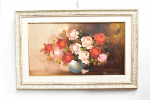 Painting Vase Of Flowers Roses Red And Pink,framed 100x65 Cm