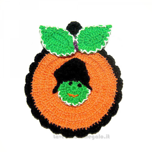 Presina zucca arancione e verde ad uncinetto per Halloween 11.5x14 cm - Handmade in Italy