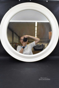 Specchio Rotondo Cornice In Legno Color Panna Diametro 63 Cm