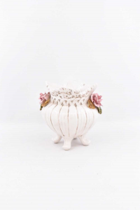 Ceramic Vase White With Roses Pink Este Italy 17 Cm