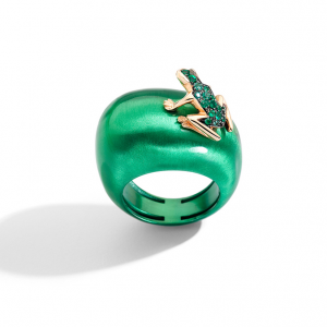 Anello grande con rana in Smeraldi e Oro Rosa 18k ,cataforesi verde metallizato