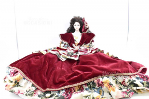 Doll In Porcelain For Collection Dress Red Velvet / Floral H 80 Cm