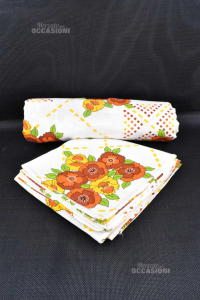 Cotton Tablecloth Fantasy Flowers Orange With 6 Napkins