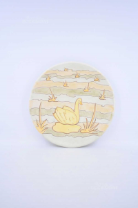 Plate Ceramic Of Treviso Theo Stellana,yellow Swan On Lake 31 Cm
