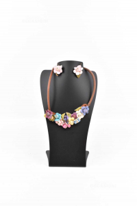 Necklace Floral Hand Made In True Leather + Earrings,handcrafted