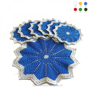Centrino con 6 sottobicchieri blu e argento per Natale ad uncinetto - NC060 - Handmade in Italy