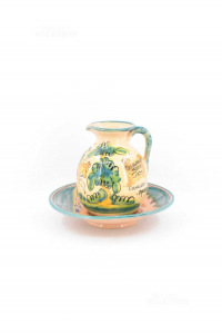 Plate + Terracotta Jug Painted Madrid Green Beige 23 And 16 Cm