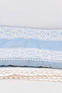 Bedspread Double In Linen Light Blue With Pattern White