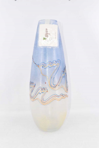 Vase Blumenständer Glas Blau Gelb Handbemalt Gestreift H 50 Cm