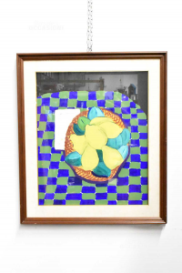 Gemälde Lackiert Tisch Quadrat Blau Grün Mit Korb Von Zitronen 64x74 Cm