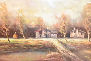 Gemälde Lackiert Landschaft Herbst Rahmen Golden Autone Gandin 96x62 Cm