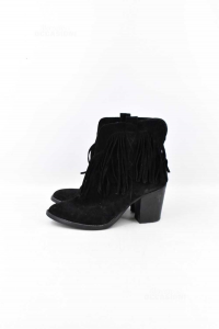 Ankle Boots Woman Girded True Leather Black Suede With Fringes Size 40