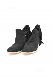 Ankle Boots Woman Black Suede With Fringes Size 39