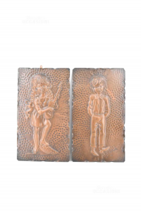 Pair Of Lastre Copper With Figures Baby And Baby 35x20 Cm And.papini