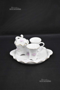 Set Cups With Sugar Bowl And Small Plate Valentin Drawing Flower Pink And Swan