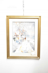 Gemälde Aquarell Autor : Jung Izzo Mailand 68x54 Cm Landschaft Winter Edicola