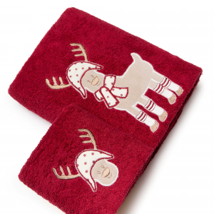 Coppia Asciugamani in Soffice Spugna di 100% Cotone Decorata con Rudolf, la Renna di Babbo Natale | Anna Collezioni