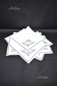 12 Napkins Embroided By Hand Giallini Bordo Green Flowers