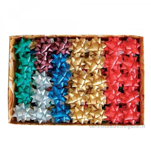 Coccarde classiche stella colorate con adesivo in scatola 6.5 cm - 100 PEZZI - Natale