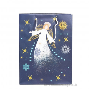 Busta shopper Natalizia blu con angelo per regali 25x10x33 cm - 12 PEZZI - Natale