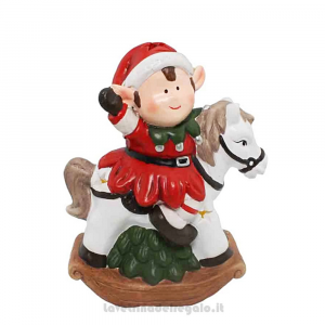 Elfo Natalizio su cavallo a dondolo luminoso in terracotta 16 cm - Natale