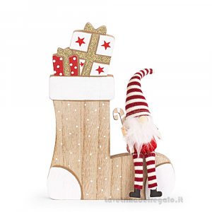 Gnomo di Natale seduto su calza Regali in legno 17x23.5 cm - Natale