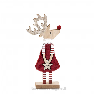 Renna di Natale in legno con ecopelliccia rossa 25 cm - Natale
