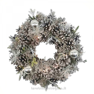 Ghirlanda bianca natalizia fuoriporta con pigne, palline e luce LED 30 cm - Natale