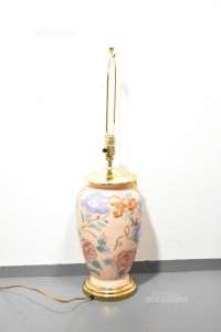 Lampada Con Struttura Ceramica Floreale Rosa E Dorata ( Spina Inglese )
