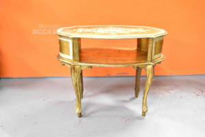 Wooden Table Golden Vintage Oval 70x53x36 Cm