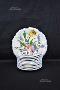 10 Plates + Plate Service White And Blue Drawing Flowers