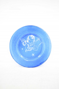 Glass Plate Blue With Angel White 26 Cm Diameter