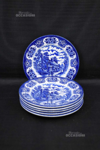 Plates British 6 Pieces Blue Old Inns Series Limited England 17 Cm