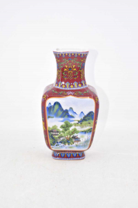 Vaso In Ceramica Cinese Bordeaux Con Immagine Paesaggio H 18 Cm