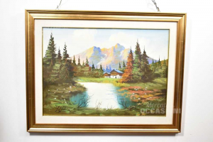 Painting Oil Painting Mountain Landscape With Lake 86x66 Cm