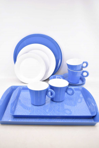 Service Pic Nic Giostyle Blue White Plastic 2 + 2 + 2 Plates + 4 + 2 Trays + 4 Cups