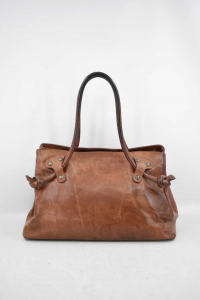 Bag Woman True Leather Made In Italy Brown,2 Pockets 30x22x14 Cm (defect Stains)