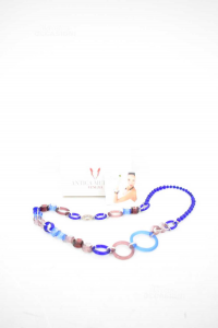 Parure Necklace + Bracelet Old Murrina Venice In Glass Blue / Pink Antique