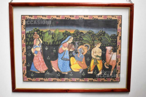 Painting Painted Indian Su Cloth With Glasses And Wooden Frame 97x73 Cm