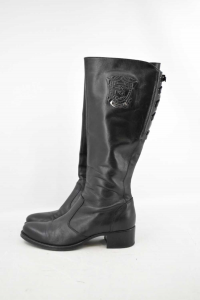 Boots Woman Tall Black Gardens Size 37 Black True Leather With Intertwining Behind