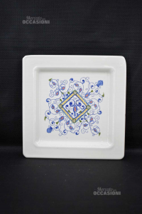 Plate White Deruta Square Fantasy Flowers Blue 31x31